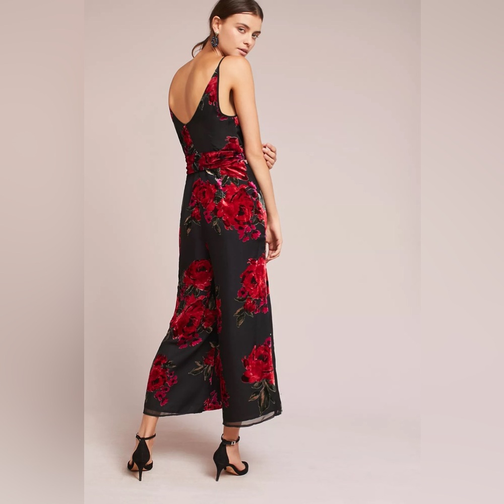 Anthropologie Ettwa Burnout Velvet Jumpsuit Black Red Floral Wide Leg small‎ - Picture 3 of 13